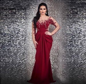 Long Sleeves Mermaid Burgundy Evening Dress Arabic Kaftan Dubai Formal Glitter Beading Party Gown Robe De Bal Longue9771984