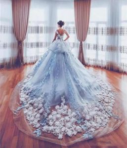 Şaşırtıcı 3D Aplikes Gelinlik 2018 Buz Mavi Peplum Katedral Tren Gelin Gowns Özel Yapım Tül Katmanları Düğün Vestidos2915308