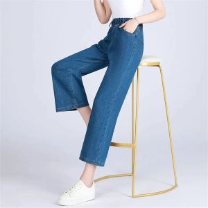 Stretch Casual High midjebrett ben Jean Baggy Women Classic Denim Trouser Ankle-Length Pant Blue Capris Korean Street Vaquero 34