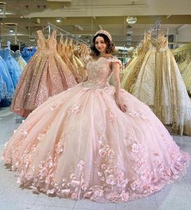 Blush Pink 3D Floral Quinceanera Dresses 2021 Shiny Tulle Laceup Off Shoulder Puffy Princess Sweet 16th Vestidos Formes3744259