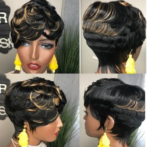 Wigs WIGERA Synthetic Highlight Cheap Ombre Black Blond Gold Short Straight Pixie Cut Hair Bob Wig With Curly Bangs Hair For Women