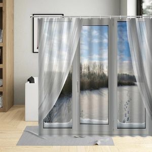 Shower Curtains Winter Snow Scenery Curtain 3D Window View Forest Snowfield Snowflake Landscap Bathroom Decor Polyester Cloth Set