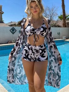 Bandage High Waist Bikini Set Cover Up Swimsuit For Women Push Up Long Sleeve Three Pieces Swimwear Beach Bathing Suits