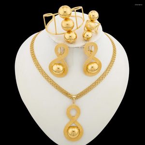 Necklace Earrings Set Nigerian Gold Color Jewelry For Women Pendant And Hook With Bangle Ring Engagement Bride Gifts