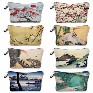 beach Travel Makeup Bag Women Eco Reusable Japanese Ukiyoe Design Cosmetic Bag Toiletry Bag Mini Crane Designer t7os#