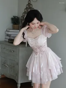 Sukienki imprezowe 2024 Summer różowy słodka sukienka Y2K mini sukienka szczupła lolita krótkie mody mody Casual Korean Style Pure Kolor