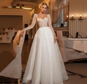 Abito da sposa principessa scintillante con scollo a cuore manica lunga glitter paillettes abiti da sposa sposa sexy aperto sul retro abiti da sposa Boho Robe de 8993918