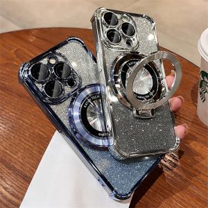 Для iPhone 15 Pro Max Luxury Plating Magsafe Magnetic Stand Flash Phone Case для iPhone 11 12 13 14 Plus Lens Protective Cover