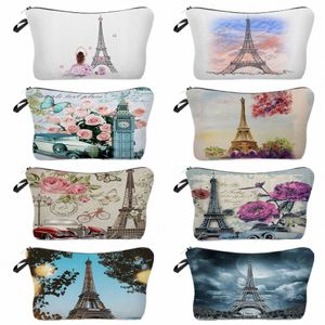 zipper Female Eiffel Tower Printed Lady Makeup Bag Pencil Case For Girl Travel Casual Women Cosmetic Bag Portable Toiletry Bag C6yK#