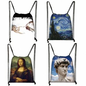 Van Gogh / Michelangelo / Da Vinci Art Print DrawString Bag Starry Night / David Ma Lisa Storage Bags Women Män ryggsäck 72ig#