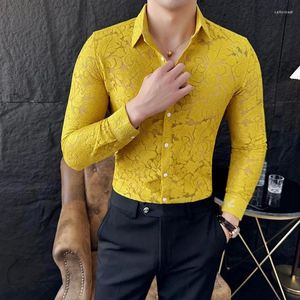 Men's Casual Shirts Sexy Semi Transparent Mesh Flower Lace Sheer Shirt 2024 Summer Long Sleeve Slim Fit Party Prom Social Dress