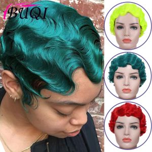 Wigs BUQI Short Kinky Curly Synthetic Wigs For Black Women 1920s Retro Wig Finger Wave Red Pink Golden Green Black For Cosplay Party