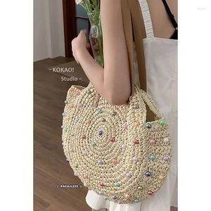 Shoulder Bags Holiday Style Color Pearl Straw Bag Women's Fashion Korean Tote Large Capacity Casual Soft Commute Woven Shopping