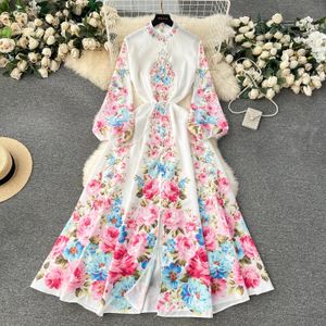 Grundläggande avslappnade klänningar 2024 Fashion Gorgeous Print Flower Dress Women Stand Collar Long Lantern Sleeve Linen Sashes Single Breasted Maxi Robe Clothes