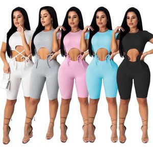 Kobiety seksowny kombinezon Summer Solid Kolor wycięty talia krótkie rękawe bodycon Playsit Seksowne klubowe impreza Bodysuit One Piece Romper Over4879597