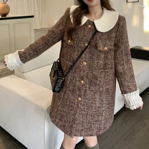 Casual Dresses Tweed Doll Collar Loose Patchwork Dress Women Liten doft tjock varm elegant chic mode fransk kvinnlig långärmad