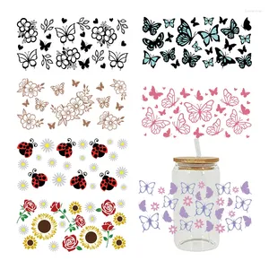 Window Stickers Beautiful Flower Butterfly Sunflowers UV DTF Transfer Sticker For 16OZ Libbey Glass Can Wraps Cup DIY Waterproof Decals