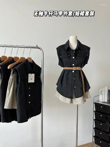 Work Dresses Women's Two Piece Set Suit Vintage High Waist Mini Skirt And Sleeveless Shirt Top Female Y2k Korean Elegant Fashion 2024