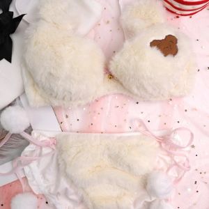 Women Lolita Kawaii 2pcs Bra Majy Zestaw Śliczne niedźwiedź haft haftowy faux furted futre bieliznę Plush Ball Buj japońskie anime l