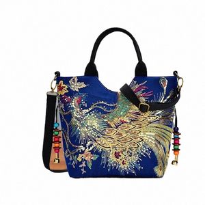 women Shoulder Bag Handmade Shiny Peacock Embroidered Bohemia Handbag Retro Large Capacity Canvas Tote Shop Menger Purse L4uM#