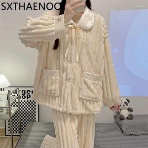 Home Clothing SXTHAENOO Winter Keep Warm Women's White Leisure Wear Elegant Fairy Style Nightwear Thicken Flannel Top Trousers Two-piece Set