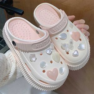 home shoes Summer New EVA Thick Sole Perforated Shoes Women Wearing Elevated Soft Sole DIY Love Solid Color Two Wear Home Slippers Y240401