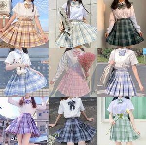 Koreanska skolflickor enhetliga veckade kjolar japanska hög midja aline pläd kjol sexig jk uniformer kvinna full set y240325