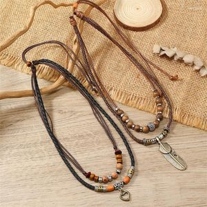 Hänghalsband staplade konstgjorda läderrep pärlor men vintage skiktad tribal hjärta fjäderhalsband för smycken krage hombre