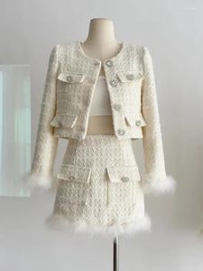Two Piece Dress 2024 Autumn Winter French Vintage 2 Pieces Sets Tweed Jacket Short Coat Feather Splicing Blazer High Waist Mini Skirt Suit