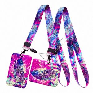 Art Feather Girls Id Odznaka Uchwyt Lanyard Women Purple Card Card Holders z uroczym paskiem szyi Presential Case Prezent O1ik#