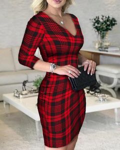 Casual Dresses Women Dress Elegant Work Plaid Print Plunge V-Neck Långärmning Bodycon Fashion Spring Summer Daily Mini