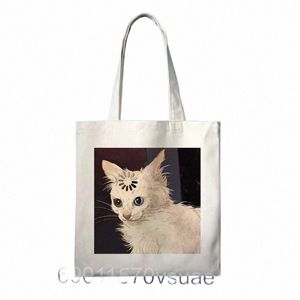 Gato bonito Mulheres Bolsa de Ombro Harajuku Kawaii Shopper Shop Bag Senhoras Reutilizáveis Grande Capacidade Bolsa Branca Casual Tote Bags x3LP #