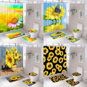 Shower Curtains Sunflower Botanical Floral Curtain Sets Garden Blooming Flowers Plant Fabric Bathroom Bath Mat Rug Toilet Cover