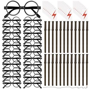 72x Wizard Theme Party Favors Set Includes 24 Wand Pencils 24 Wizard Glasses with Round Frame No Lenses 24 Tattoos 240323