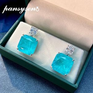 Pansysen Pure 925 Sterling Silver Big Gemstone Paraiba Tourmaline Simulated Moissanite Earring Party Stud Earrings Drop 273C