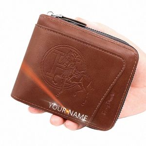 Kostenloser Name Gravur Kurze Männer Reißverschluss Geldbörsen Hohe Qualität Retro Kartenhalter Männliche Geldbörse Münzfach PU Leder Männer der Brieftasche B0Z7 #