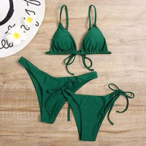 Sexy 3 peça conjunto de biquíni feminino sólido azul roxo push up bandagem triângulo maiô praia brasileira maiô swumwear biquini 240321