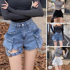 Women Shorts Sexy High Waist Denim Shorts Retro Flap Pockets Summer Shorts Adjustable Band Design Female Shorts Streetwear