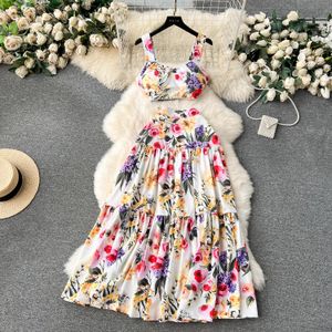 فستان من قطعتين مدرج الصيف Maxi Top Top Suit بقطعتين ملابس المرأة الأزياء الأزهار طباعة السباغيتي الحزام