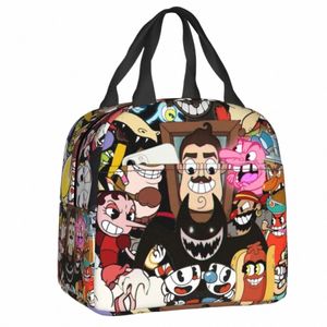 hot Game Carto Cuphead Mugman Lunch Bags Women Cooler Thermal Insulated Lunch Box for School Office Outdoor Picnic Food Bags u4XG#