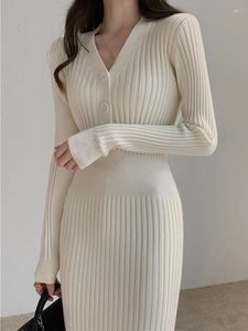 Casual Dresses White Sticke Dress Women Autumn Winter Long Sleeve V Neck Slim Sweater Female Korean Fashion Elegant Bodycon