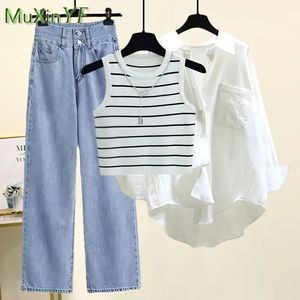 Womens Summer Casual Denim Wide Leg Pants Matching Set Korean Elegant Sunscreen ShirtTank TopJeans Three Piece Suit 240329