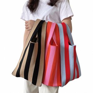 striped Knitting Tote Bags Women's Shoulder Bag Fi Hollow Out Tote Ladies Female Woven Shopper Purse Lady Crossbody Handbag f1ap#