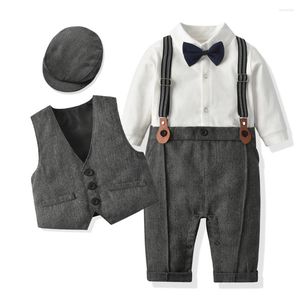 Set di abbigliamento 0-24M Set di vestiti formali per ragazzo nato Infantile Pagliaccetto di compleanno per gentiluomo con cappello Gilet a maniche lunghe Tuta