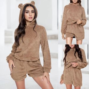 Abbigliamento per la casa Set pigiama 2 pezzi Autunno Donna Caldo velluto Flanella con cappuccio Top e pantaloncini Pigiama in pile Set Felpa con cappuccio casual Pigiama Pijama