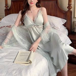 Home Abbigliamento Jxgarb Set di vestaglia e abito sexy da donna Moda donna Seta ghiacciata con finiture in pizzo Abiti da notte Abiti da sposa femminili Camicie da notte