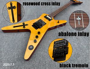 Flying V Electric Guitar Natural Color Flame Cross-inlaid na parte superior do corpo, peças amarelas e pretas de limão, remolo de abalone incrustado