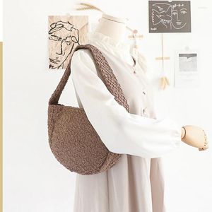 Drawstring Korean Casual Pleated One-shoulder Underarm Bag for Women Nylon Totes Style Soild Small Square Dumpling Half Moon Handbags