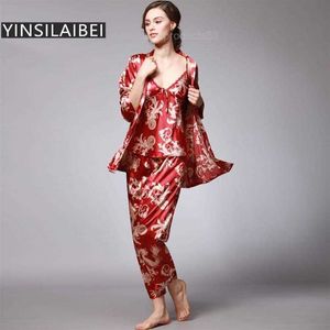 YINSILAIBEI Women Satin Sleepwear Female Silk Pajama Sets Ladies Pyjamas Plus Size Dragon Print Women Home Clothing Homewear #10 T254p