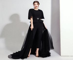 Suknie wieczorowe kombinezonu z Overskirt Pants Arabski Dubai pół rękawów bez pleców formalne suknie kostki strój balowy 7245919